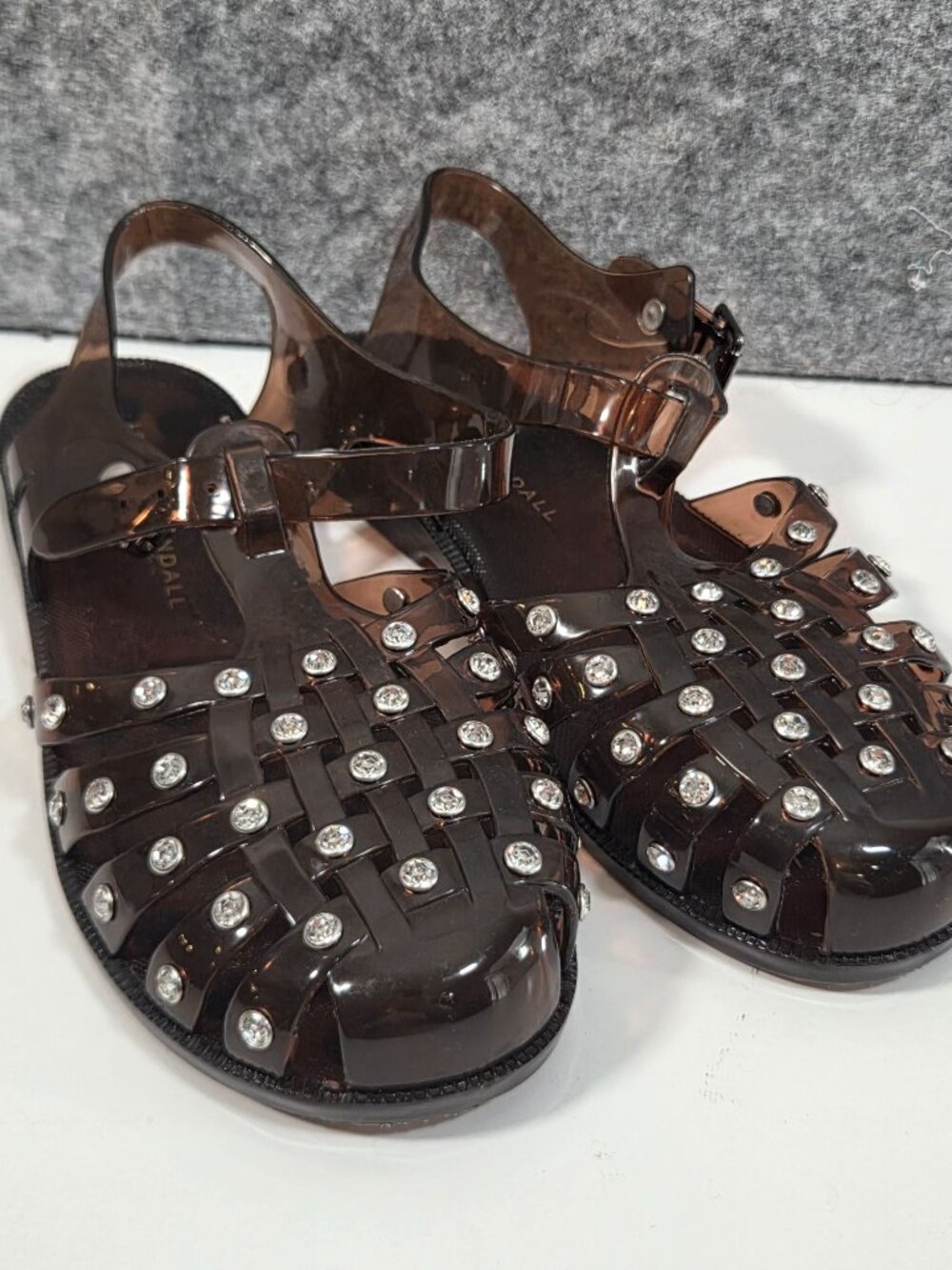 Loeffler Randall Rhys Jelly Sandals Brown Rhinestone Fisherman Shoes Size 7